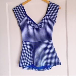 Checkered Blue Top with Button around Back